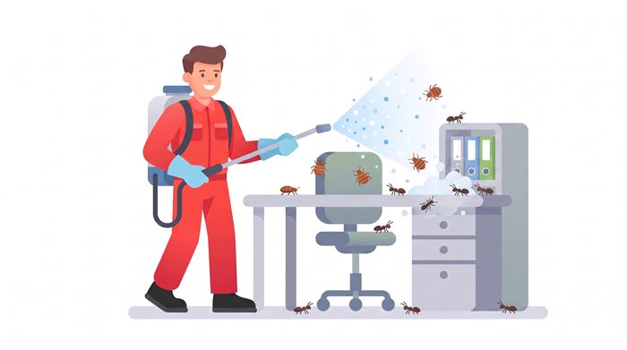 Technician disinfecting a room and treating a bedbug and ant infestation