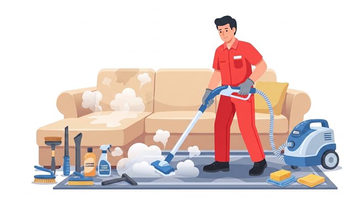 Furniture cleaning specialist steam-cleaning a stained sofa