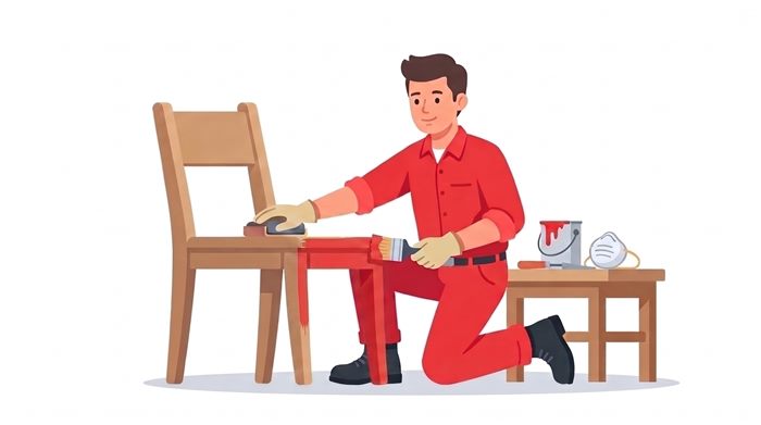 Furniture specialist sanding and painting a wooden chair