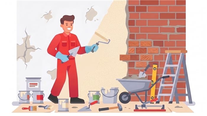 Worker patching a wall and repointing brickwork
