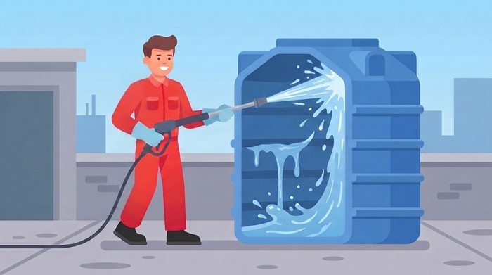 Technician pressure-washing the inside of a water tank
